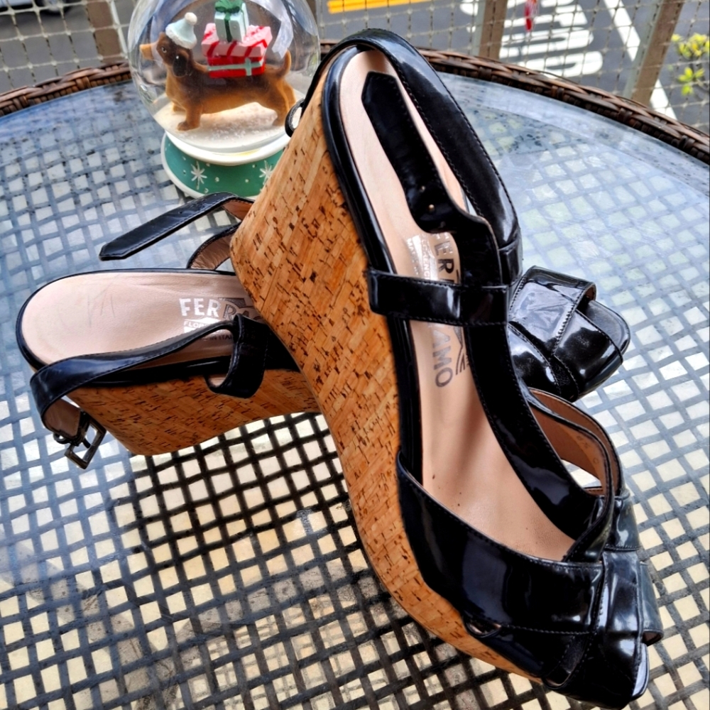 Ferragamo Wedges. Good condition. Some small scuffs in the patent leather. 8 1/2